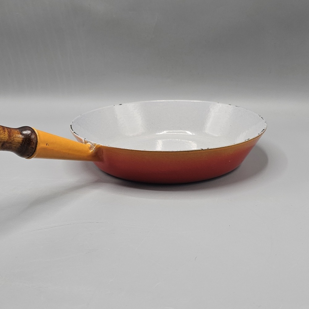 Vintage 70s Le Creuset 9.5" Frying Pan Flame Orange Wood Handle Made in France